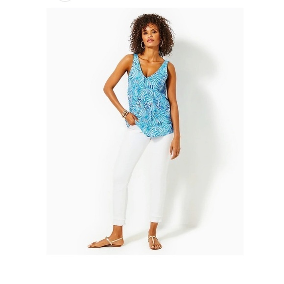 Lilly Pulitzer FLORIN SLEEVELESS LINEN TOP, AMALFI BLUE BY THE SEASHORE - Picture 16 of 16